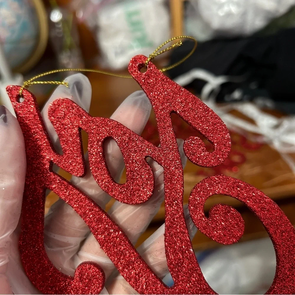 Red Glittery Cursive “Joy” Christmas Ornament - “Dressing”